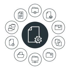 folder, bookmarks, files Infographic Circle outline Icons Set. Contains such Icons as  bookmark, change,  remove,  document,  table, web, folder,  work, hidden and more. Fully Editable. Pixel Perfect