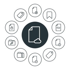folder, bookmarks, files Infographic Circle outline Icons Set. Contains such Icons as data,  price, security,  network,  zip,  label,  recycle,  computer,  web and more. Fully Editable. Pixel Perfect