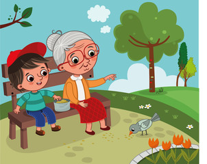 Grandmother and grandson are in the nature. They are sitting on a bench in the park and feeding a bird. Vector illustration.
