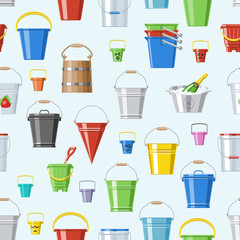 Bucket vector bucketful or wooden pailful and kids plastic pail for playing empty or with water bucketing down in garden and bitbucket for gardening set illustration seamless pattern background