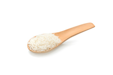 rice in wood spoon on white background