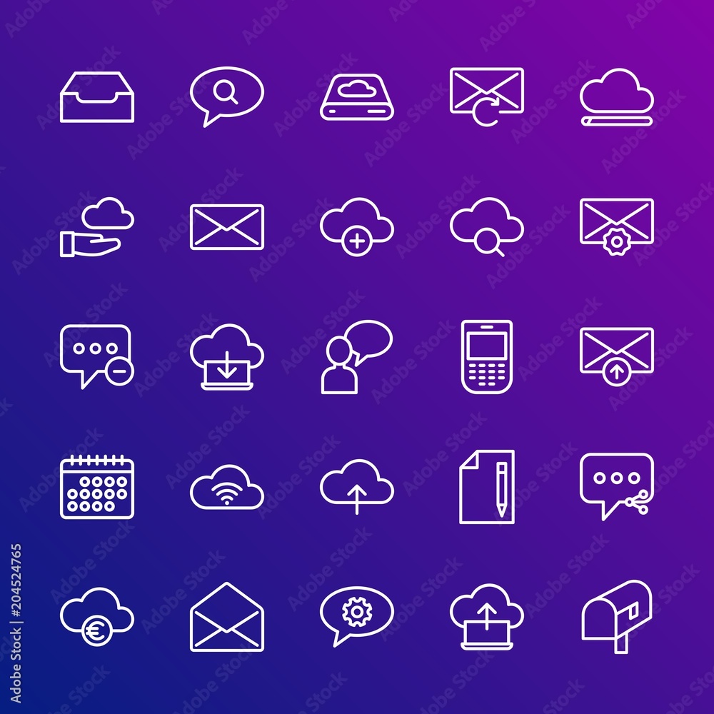 Poster modern simple set of cloud and networking, chat and messenger, mobile, email vector outline icons. c