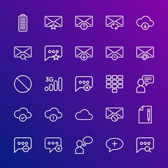 Modern Simple Set of cloud and networking, chat and messenger, mobile, email Vector outline Icons. Contains such Icons as  wireless,  3g and more on gradient background. Fully Editable. Pixel Perfect.