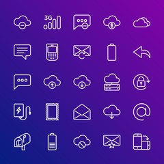 Modern Simple Set of cloud and networking, chat and messenger, mobile, email Vector outline Icons. Contains such Icons as  mail, battery and more on gradient background. Fully Editable. Pixel Perfect.