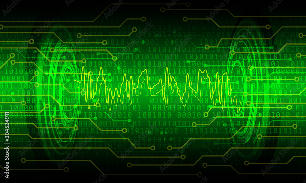 Aufkleber Circuit Board With Binary Code Vector Background. Yellow Green Theme Abstract Digital Pulse Communication And Security Number Technology Concept Illustration.