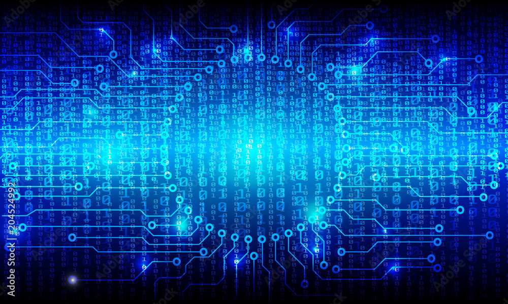Aufkleber Circuit Board With Binary Code Vector Background. Blue Future Hi Tech Abstract Circle Pad Information Protection Concept Illustration.