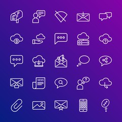 Modern Simple Set of cloud and networking, chat and messenger, mobile, email Vector outline Icons. Contains such Icons as  internet,  no and more on gradient background. Fully Editable. Pixel Perfect.