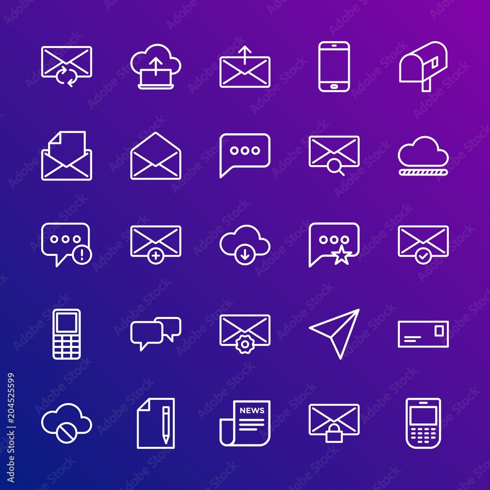 Poster modern simple set of cloud and networking, chat and messenger, mobile, email vector outline icons. c