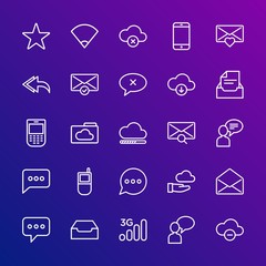 Modern Simple Set of cloud and networking, chat and messenger, mobile, email Vector outline Icons. Contains such Icons as message, sky and more on gradient background. Fully Editable. Pixel Perfect.