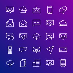 Modern Simple Set of cloud and networking, chat and messenger, mobile, email Vector outline Icons. Contains such Icons as  upload, empty and more on gradient background. Fully Editable. Pixel Perfect.