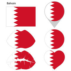Flag of Bahrain, set. Correct proportions, lips, imprint of kiss, map pointer, heart, icon. Abstract concept. Vector illustration on white background.