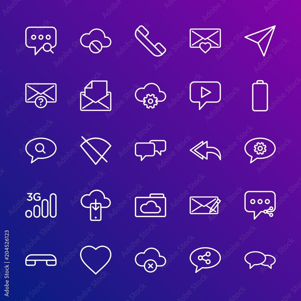 Poster modern simple set of cloud and networking, chat and messenger, mobile, email vector outline icons. c