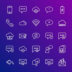 Modern Simple Set of cloud and networking, chat and messenger, mobile, email Vector outline Icons. Contains such Icons as mail,  card and more on gradient background. Fully Editable. Pixel Perfect.