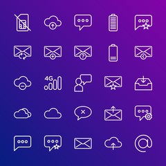Modern Simple Set of cloud and networking, chat and messenger, mobile, email Vector outline Icons. Contains such Icons as card,  sms and more on gradient background. Fully Editable. Pixel Perfect.