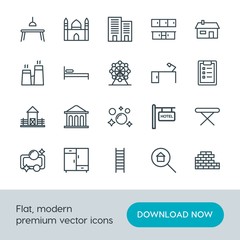 Modern Simple Set of buildings, furniture, housekeeping Vector outline Icons. Contains such Icons as  office, house,  iron,  background and more on white background. Fully Editable. Pixel Perfect.