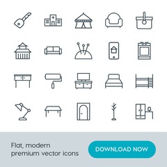 Modern Simple Set of buildings, furniture, housekeeping Vector outline Icons. Contains such Icons as  coat,  health,  bedroom, closet, bunk and more on white background. Fully Editable. Pixel Perfect.