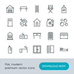 Modern Simple Set of buildings, furniture, housekeeping Vector outline Icons. Contains such Icons as  lamp, bathroom,  storage, table,  bed and more on white background. Fully Editable. Pixel Perfect.