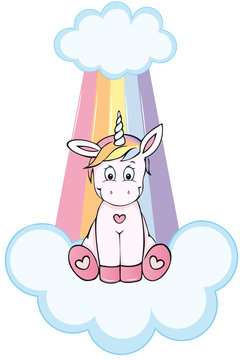 cute unicorn sits on cloud in front of rainbow
