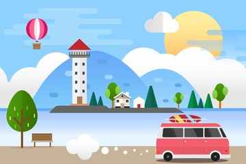 Light house in the Sea Landscape and Car Travel. Vector Illustration Flat Design Background