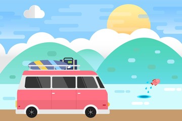 Sea Landscape and Van Car Travel. Vector Illustration Flat Design Background