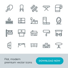 Modern Simple Set of buildings, furniture, housekeeping Vector outline Icons. Contains such Icons as  gasoline,  medical, ironing, table and more on white background. Fully Editable. Pixel Perfect.