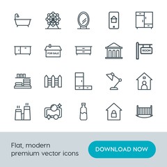Modern Simple Set of buildings, furniture, housekeeping Vector outline Icons. Contains such Icons as lamp, fence,  wheel, machine,  energy and more on white background. Fully Editable. Pixel Perfect.