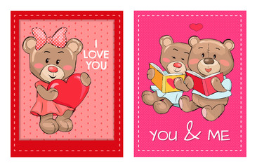 I Love You and Me Teddy Bears Reading Books Vector