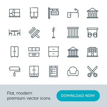 Modern Simple Set of buildings, furniture, housekeeping Vector outline Icons. Contains such Icons as interior,  interior,  finance,  window and more on white background. Fully Editable. Pixel Perfect.