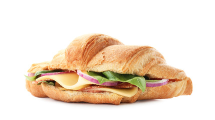 Tasty croissant sandwich with salami on white background