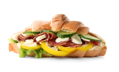 Tasty croissant sandwich with salami on white background