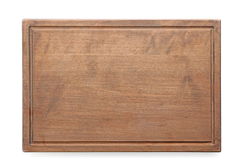 Wooden cutting board on white background, top view