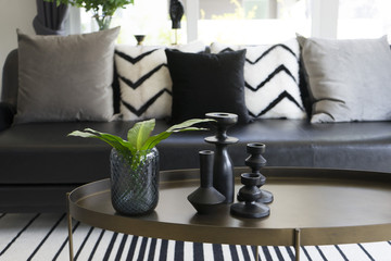 black modern vase and green leaf on center table with black and white pillows on sofa in background
