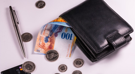 Swiss banknotes and coins in a wallet on a white