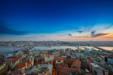 Long exposure panoramic cityscape of Istanbul at a beautiful dramatic clouds sunset from Galata to Golden Horn gulf. View of the wonderful romantic old town at Sea of Marmara. Istanbul. Turkey.