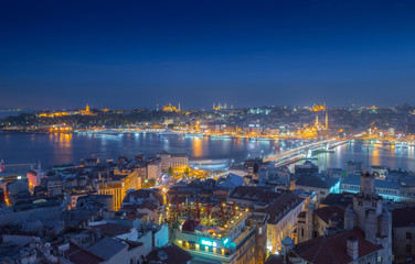 Long exposure panoramic cityscape of Istanbul at a warm calm evening from Galata to Golden Horn gulf. Wonderful romantic old town at Sea of Marmara. Bright light of street lighting. Istanbul. Turkey.