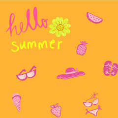 hand drawing doodle pencil pink colour. Summer icon set seamless on orange background with hello summer word