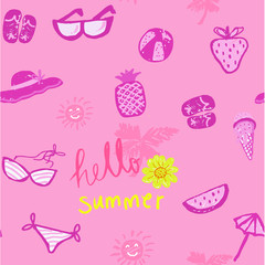 hand drawing doodle pencil pink colour   Summer icon set seamless on pink background with hello summer word