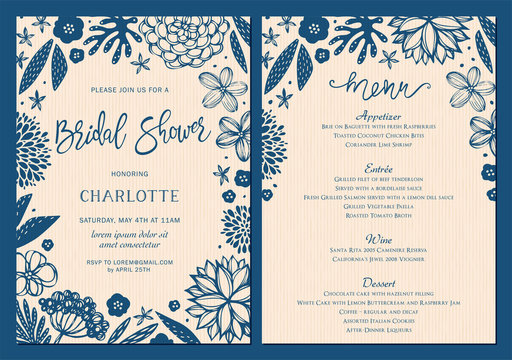 Bridal Shower invitation and menu set with floral elements. Vector illustration.