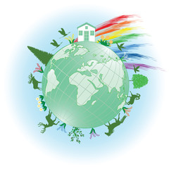 Globe - house, rainbow, animals, birds, plants - concept of ecologically clean world - art illustration vector