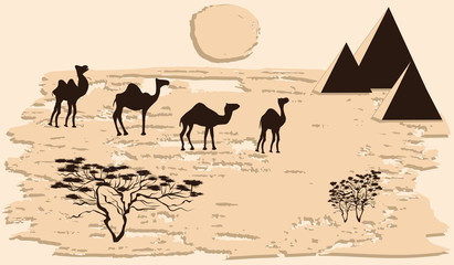 Caravan of camels in the desert, saxaul, pyramid, sun - abstract grunge light beige background - vector art illustration. Travel Poster