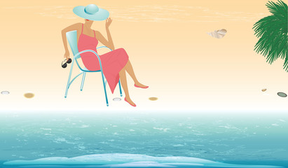 Rest on the sea. Woman in hat sits in chair and watches surf - vector art illustration. Travel Poster