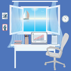 Home elegant, modern office - an open window overlooking the sea, sailing, seagulls - vector art illustration