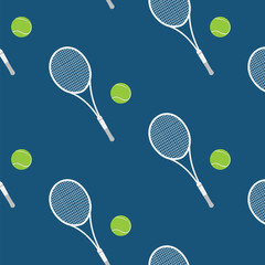 Sport pattern - tennis - white racket and green balls - on a dark blue background - art vector