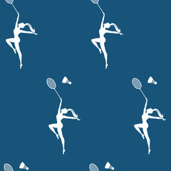 Pattern - girl playing badminton - white on blue background - art vector