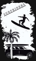 Surfer, palm, machine - on abstract grunge white-black background - art vector. Travel Poster.