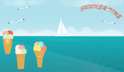 Obraz na płótnie Canvas Seascape - yacht and gull - set of ice cream in waffle glasses - vector art illustration Travel Poster