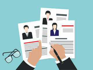 Fototapeta na wymiar Personnel management - choice of candidate, resume forms with photo, flat style - vector illustration Concept of human resources management