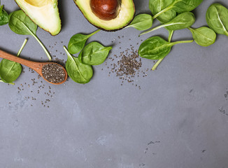 Avocado, spinach, chia seeds, top view.