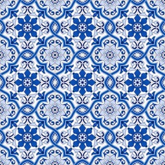 Gorgeous seamless pattern from dark blue and white Moroccan, Portuguese tiles, Azulejo, ornaments. Can be used for wallpaper, pattern fills, web page background,surface textures.