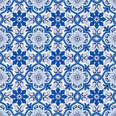 Tapeten Gorgeous seamless pattern from dark blue and white Moroccan, Portuguese tiles, Azulejo, ornaments. Can be used for wallpaper, pattern fills, web page background,surface textures. © pgmart